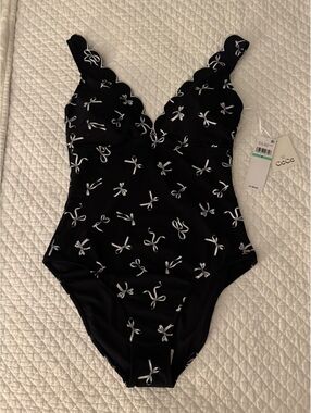 Cece Women's Black One-Piece Swimsuit with White Bow Pattern, Size 8, NWT